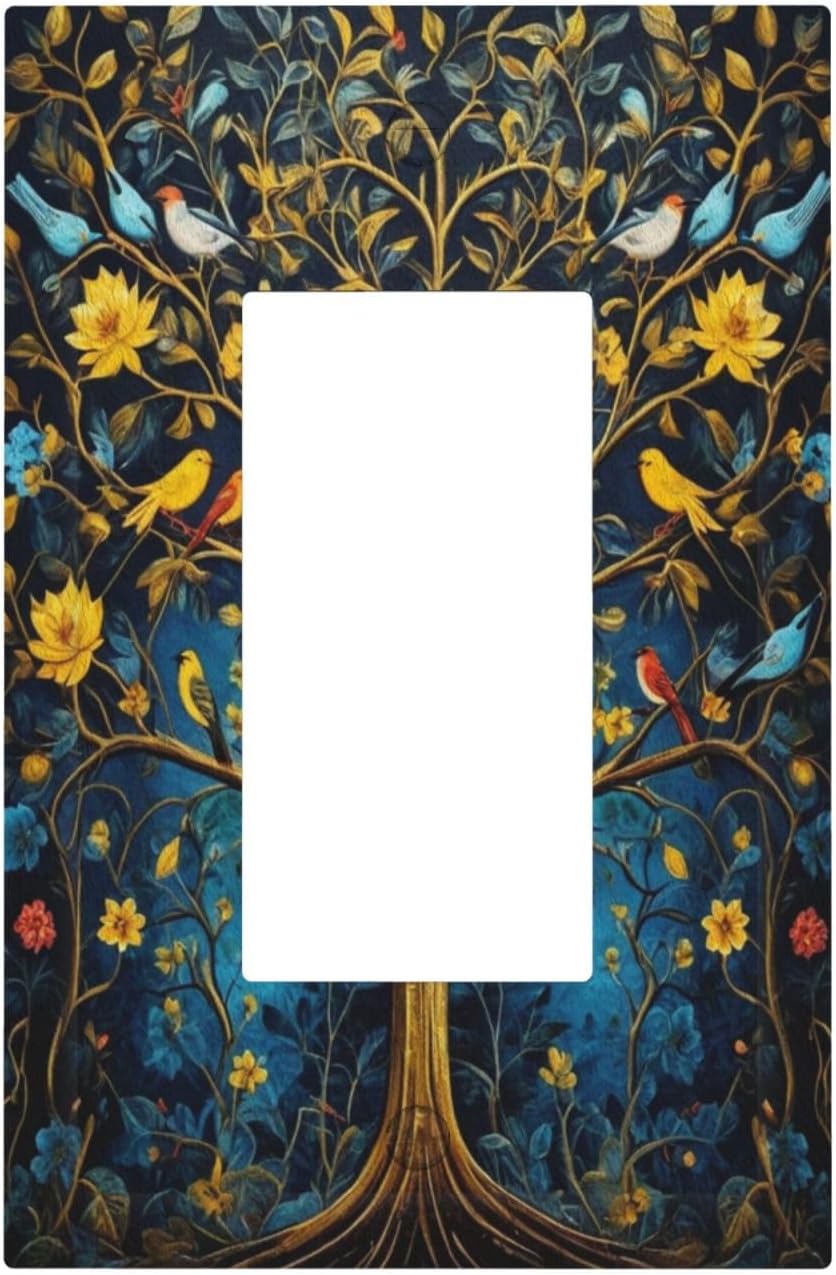 Gold Tree With Birds Flowers on Branches Single Decora Outlet Wall Plate 1 Gang Rocker Decorative Switchplate Faceplate GFCI Light Switch Covers for Home Living Decor