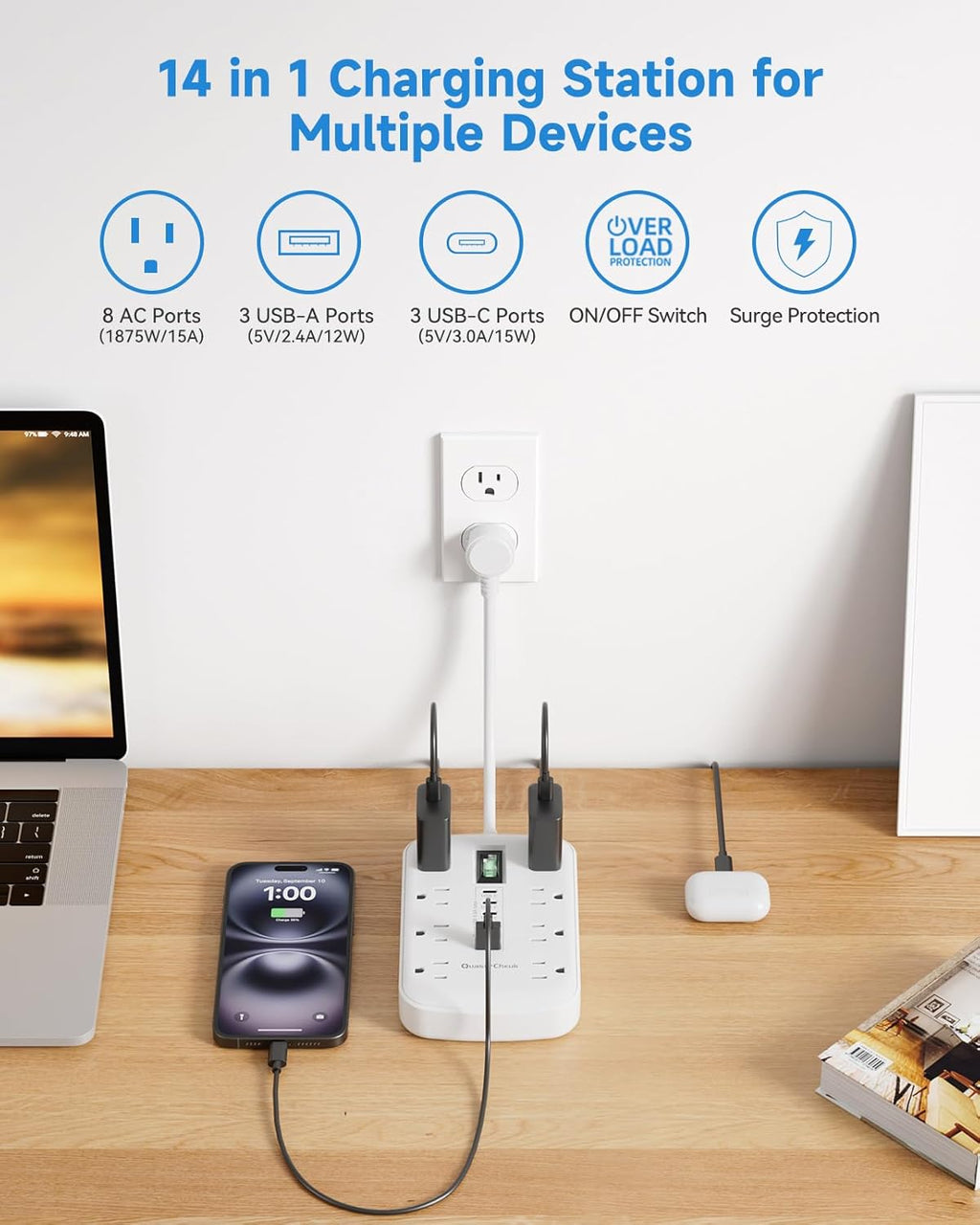 Short Extension Cord 1 ft - Small Power Strip Flat Outlet Extender Surge Protector with 8 AC Outlets 6 USB (5V/4.8A 24W), Mini Extension Cord Flat Wall Plug for Home Office Dorm Kitchen Bathroom