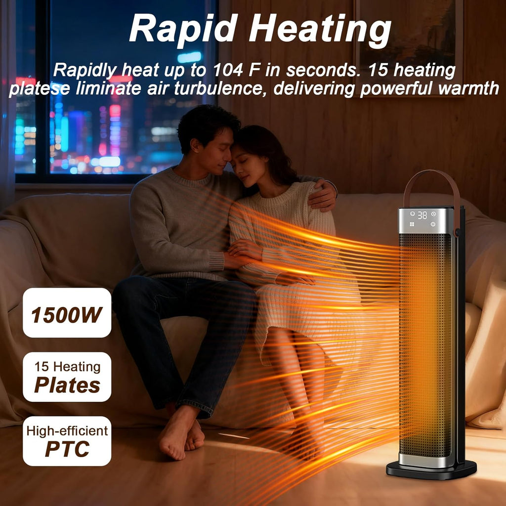 Space Heater Indoor, 25" 1500W PTC Ceramic Heater, 3 Modes, 12H Timer, 45° Oscillating, with Remote, Tower Heater for Office Bedroom