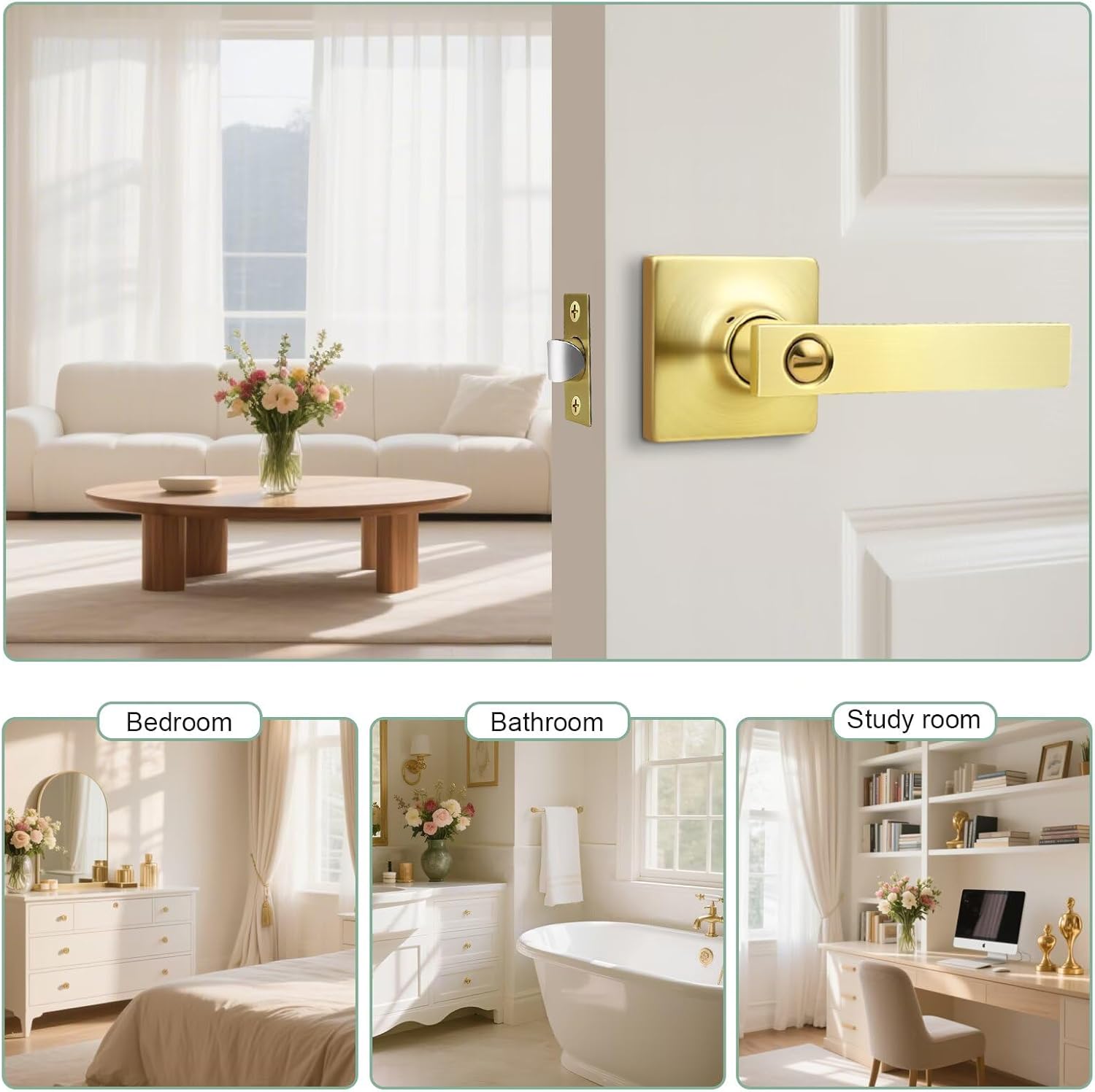 GOBEKOR 2 Pack Gold Door Handles Interior,Heavy Duty Privacy Door Levers with Lock,Sleek Round Interior Door Handles for Bedroom and Bathroom with No Key