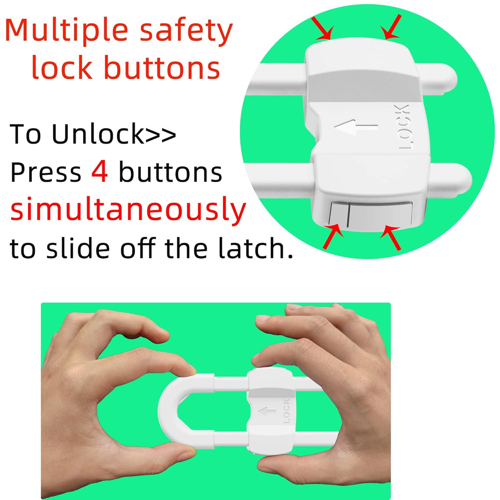 (10 pack black) 4 button Cabinet Locks, U-Shaped Proofing Drawers Safety Child Locks Adjustable, for Wardrobe,Kitchen,Bathroom,Drawer,Fridge,Cupboard Doors Knobs & Handles