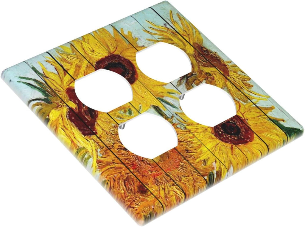 Outlet Covers Sunflowers Oil Paintings Wood Floral 2 Gang Double Duplex Decorative Light Switch Covers Electrical Wallplates Socket Faceplate For Farmhouse Bed Room Decor