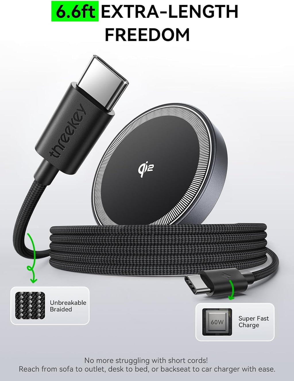 for 15W Magsafe Wireless Charger, Qi2 Magnetic Wireless Phone Charger with 6.6ft Cable Fast Charging Pad for iPhone 17 Air 16 15 14 13 12 Pro Max Airpods(20W Adapter Included), 2 Pack (Black)