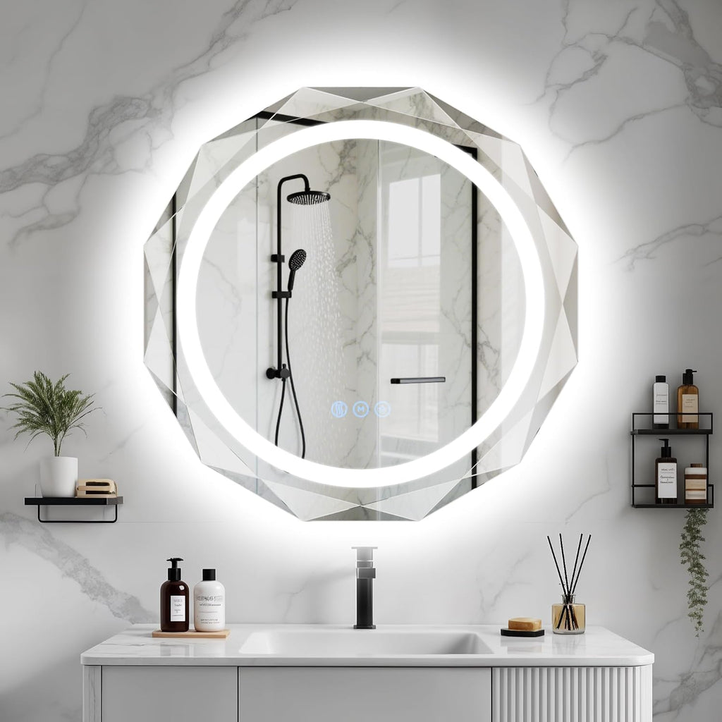 32 Inch Round LED Bathroom Mirror with Lights, Frameless Vanity LED Mirror for Bathroom with Beveled Edge, Backlit Anti-Fog, Dimmable, 3 Colors, Memory Function, Tempered Glass, Shatter-Proof
