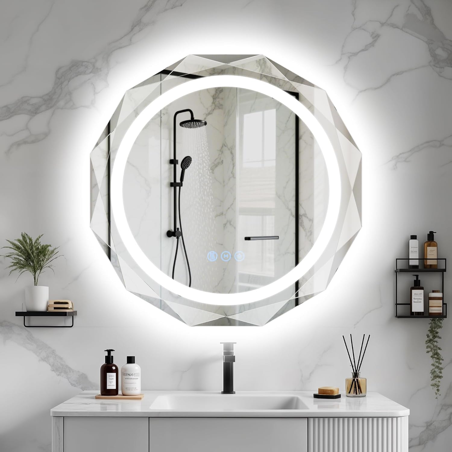 32 Inch Round LED Bathroom Mirror with Lights, Frameless Vanity LED Mirror for Bathroom with Beveled Edge, Backlit Anti-Fog, Dimmable, 3 Colors, Memory Function, Tempered Glass, Shatter-Proof