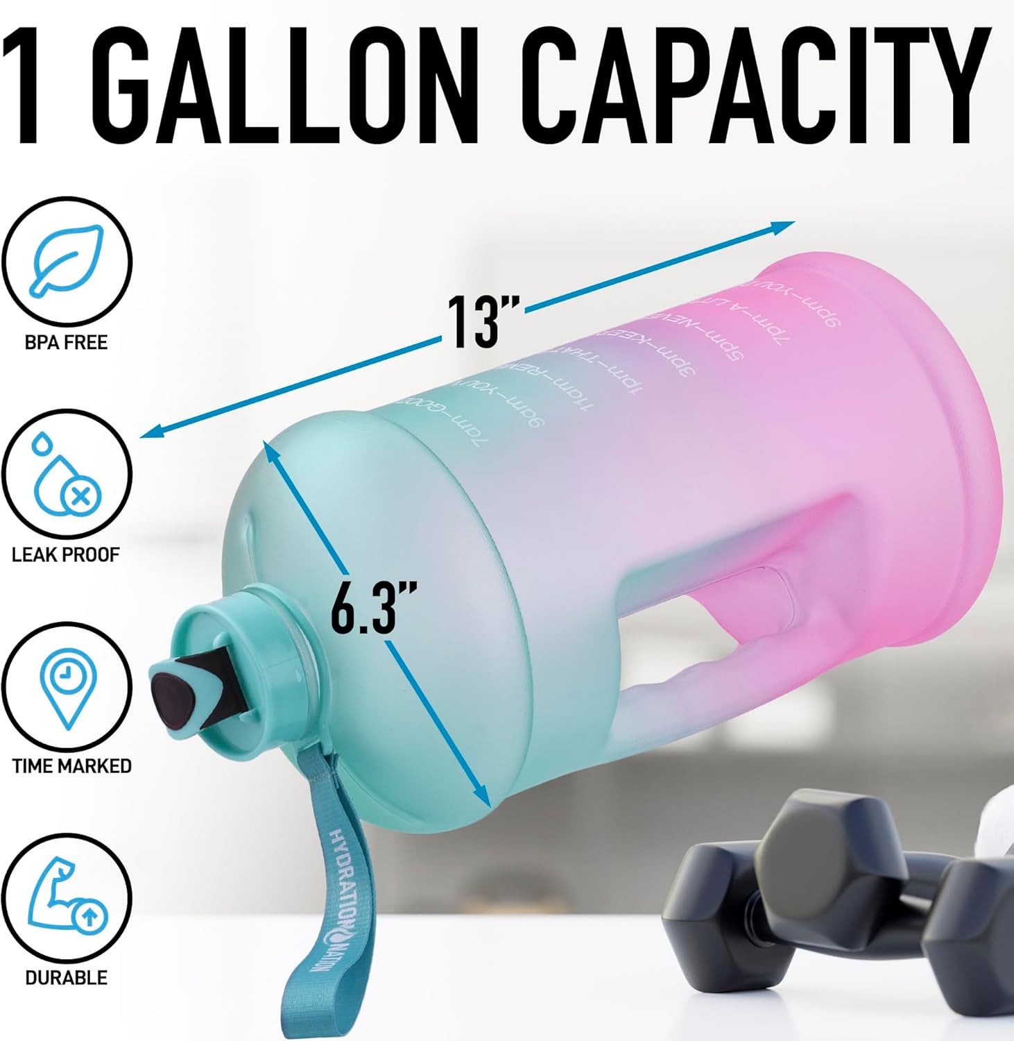 Hydration Nation 1 Gallon Water Bottle with Times to Drink - Motivational Time Reader Leak-Proof Jug with Flip Cap & Strap - 128oz Sports Bottle