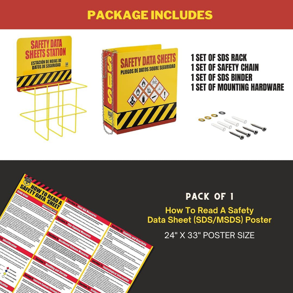 SDS Display Kit Rack Set with Heavy Duty 3 Inch Ring Binder, Wire Rack, SDS Station Sign, Chain, Mounting Hardware & SDS Poster - Organize Safely and Efficiently