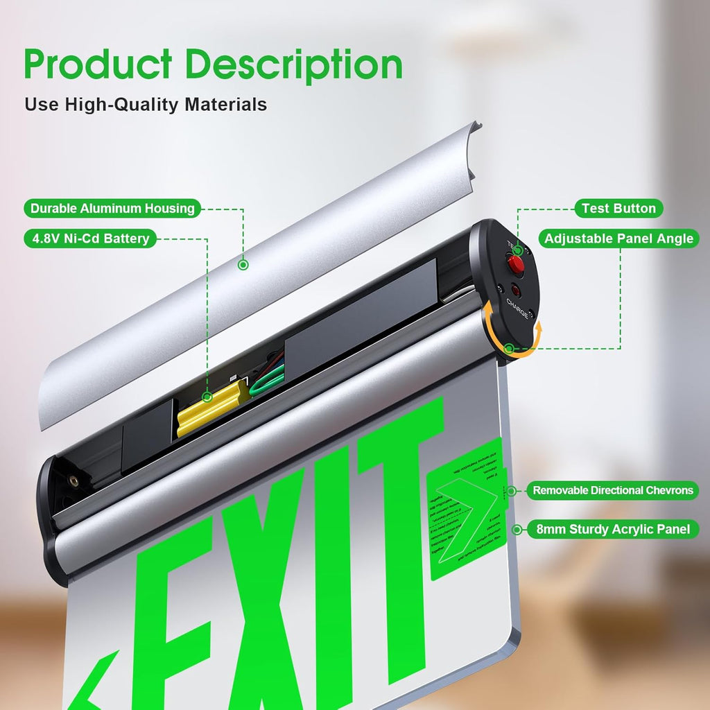 Led Edge-Lit Exit Sign ,Brushed Aluminum Housing Double-Sided Mirrored Rotating Acrylic Panel,Hardwired Emergency Exit Signs with Battery Backup, 120V-347VAC,Green Led Emergency Exit Light for Business , UL Listed,Top/Side/Wall Mount(2 Pack)