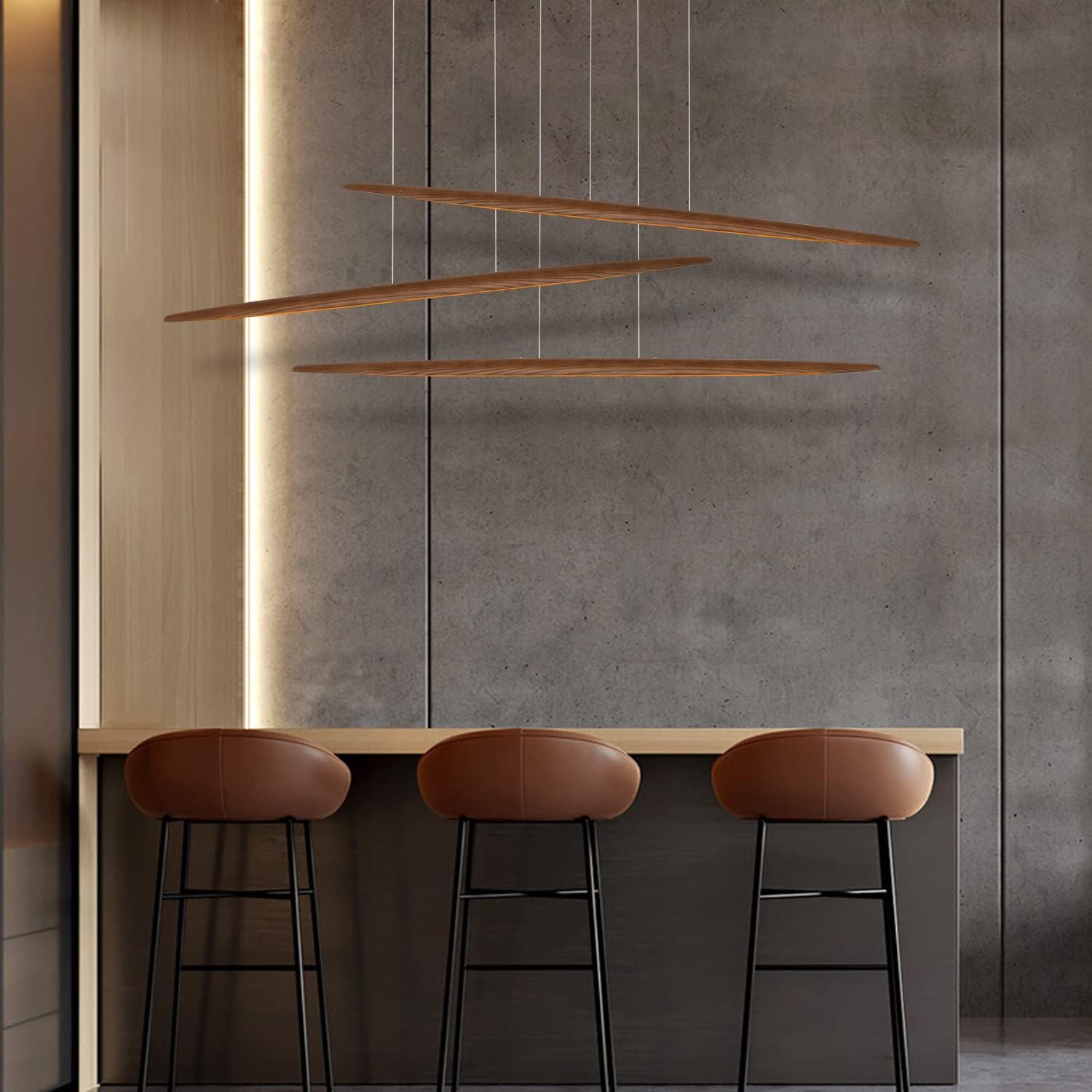 71" Wood Linear Pendant Light Wood Linear Dinning Room Light Island Lights LED Dimmable Chandelier 40w for Dining Room Billiard & Pool Table Walnut Color
