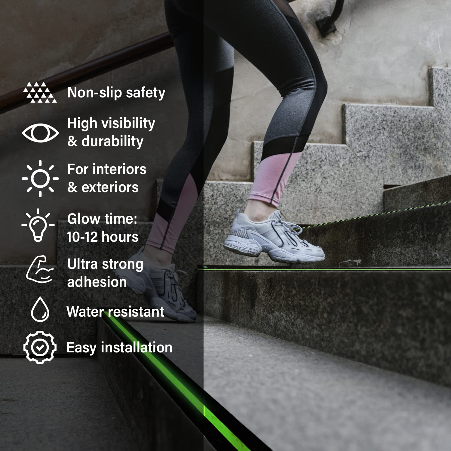 Anti Slip Glow in The Dark Traction Tape 2Inch x 16ft – Heavy Duty Adhesive Grip Non Skid Tape for Stairs Waterproof Safety - Outdoor/Indoor - Neon Strips Walk Black - 3 Pack