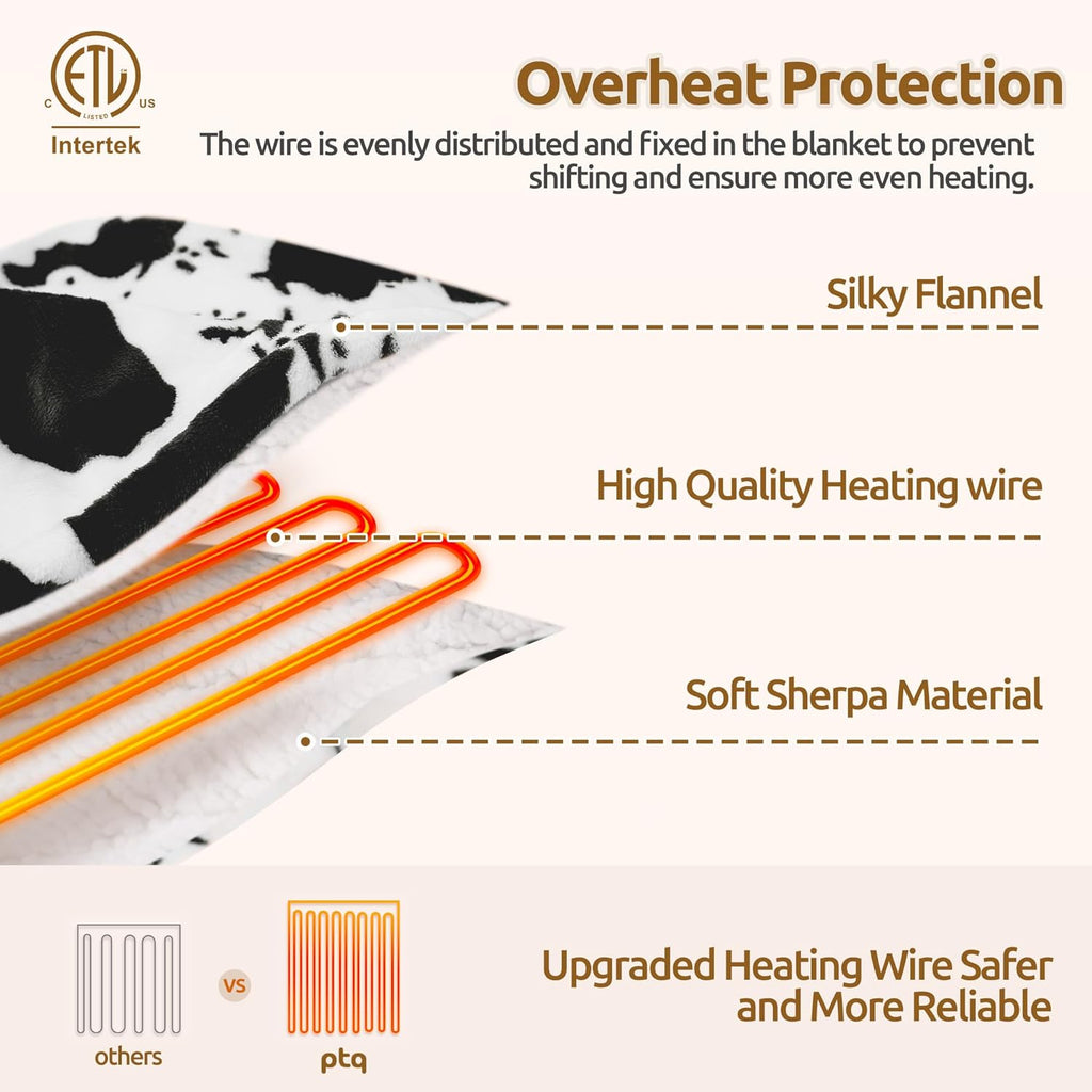 Electric Blanket Queen Size, Dual Control Heated Blanket with 6 Heat Settings, 1-12H Timer, Soft Sherpa & Flannel, Machine Washable, Black Cow Print, 84" x 90"