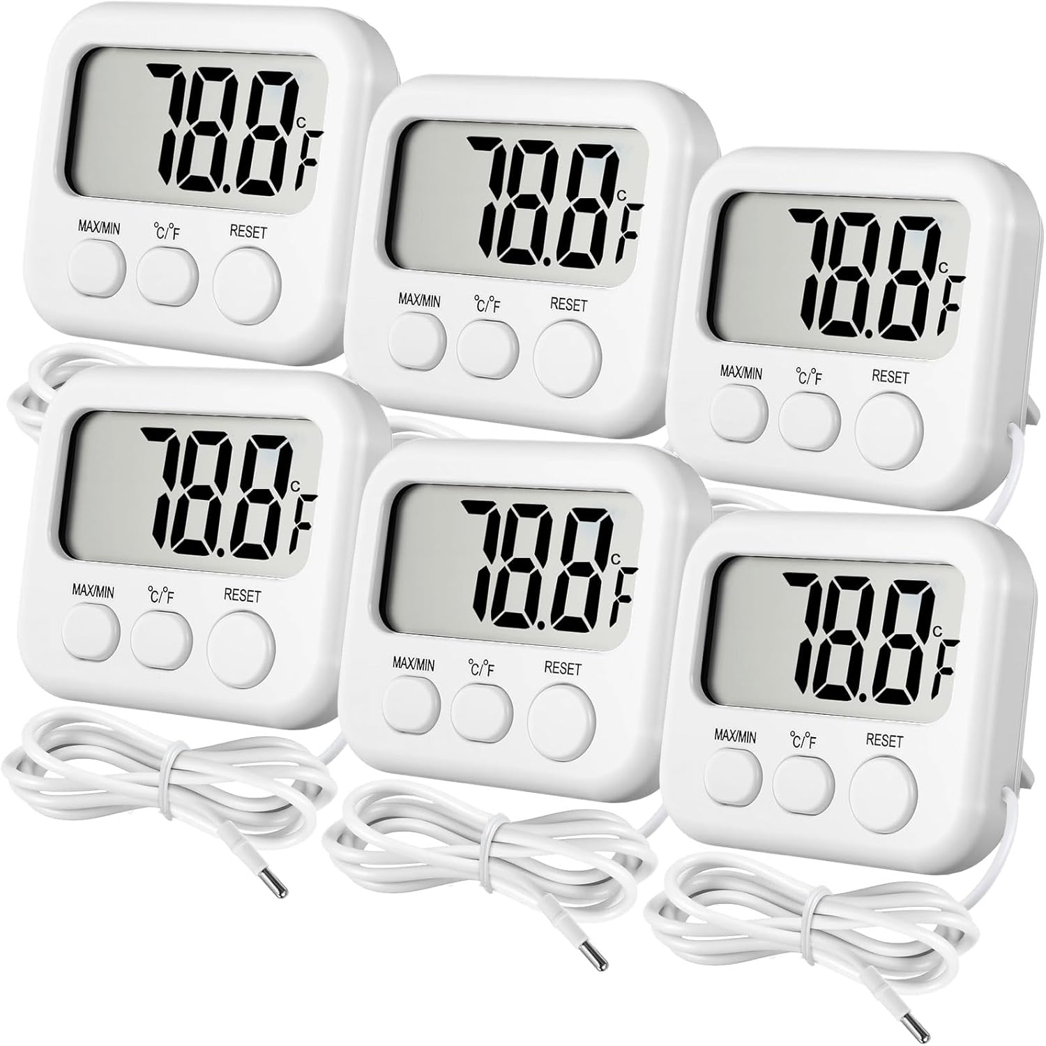 Kingdder 6 Pack Digital Thermometer with Magnetic Back External Sensor Fridge Thermometer Freezer Waterproof Room Temperature Monitor with LCD Display, Max/min Record Function for Kitchen Aquarium