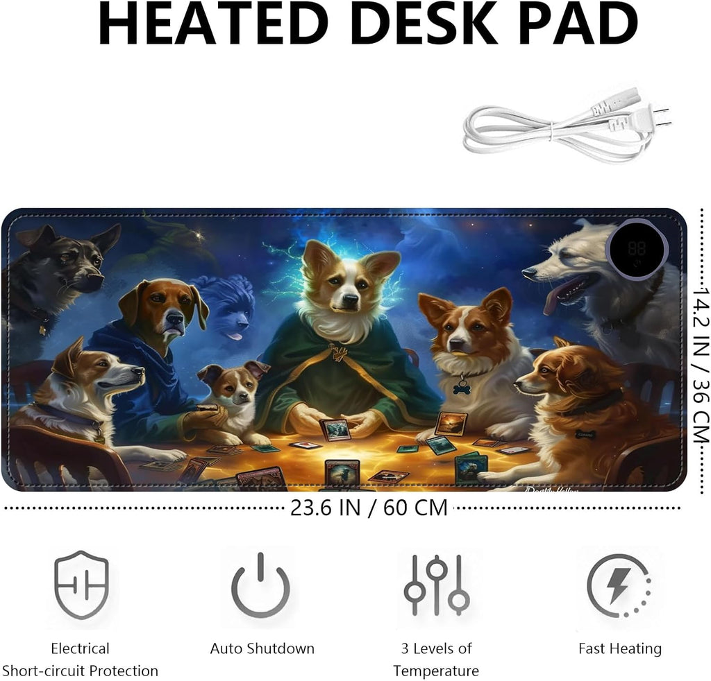 Heated Mouse Pad with 3 Levels Heated & 3 Hours Auto Shut-Off Mouse Pad for Warming Hands in Office Home, 23.6" x 14.2"Large Safe Desk Mat Hand Warmer，Dog Cards