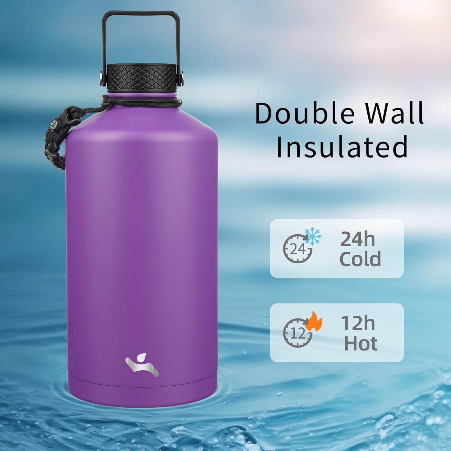 Gallon Insulated Water Bottle with Straw,128 oz 3 Lids Water Jug with Carrying Bag,Paracord Handle, Double Wall Vacuum Stainless Steel Metal Flask,Purple