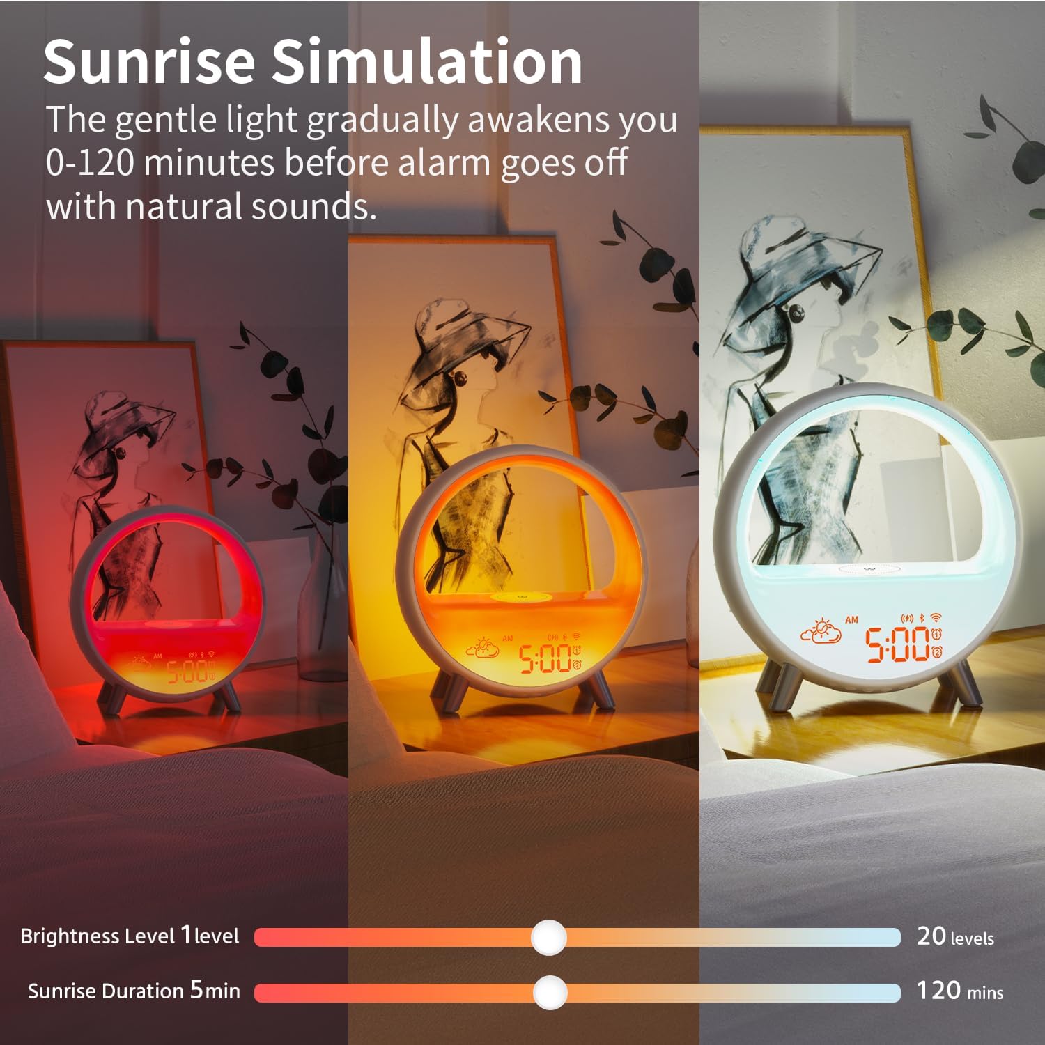 MOMILLA Sunrise Alarm Clock with Wireless Charging & Bluetooth Speaker, Compatible with Airpods/iPhone, Smart APP Control, Sound Machine, Night Light Bedrooms, Alarm Clocks for Heavy Sleepers Adults