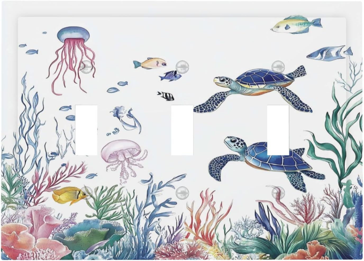 Blue Sea Turtle Ocean Fish Octopus Coral Decorative Switch Plates 3 Gang Wall Plate Triple Toggle Light Switch Cover Faceplate Electrical Wall Panels For Bathroom Kids Room Decor