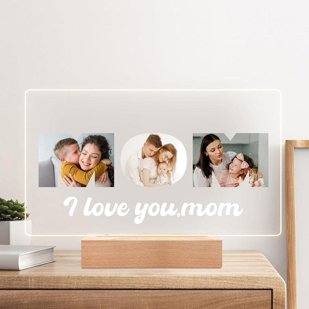 Custom Mom Picture Frame with Photo, Custom Photo Frame with Night Light, Customized Picture Frames, Personalized Valentines Day Gifts for Mom from Daughter & Son