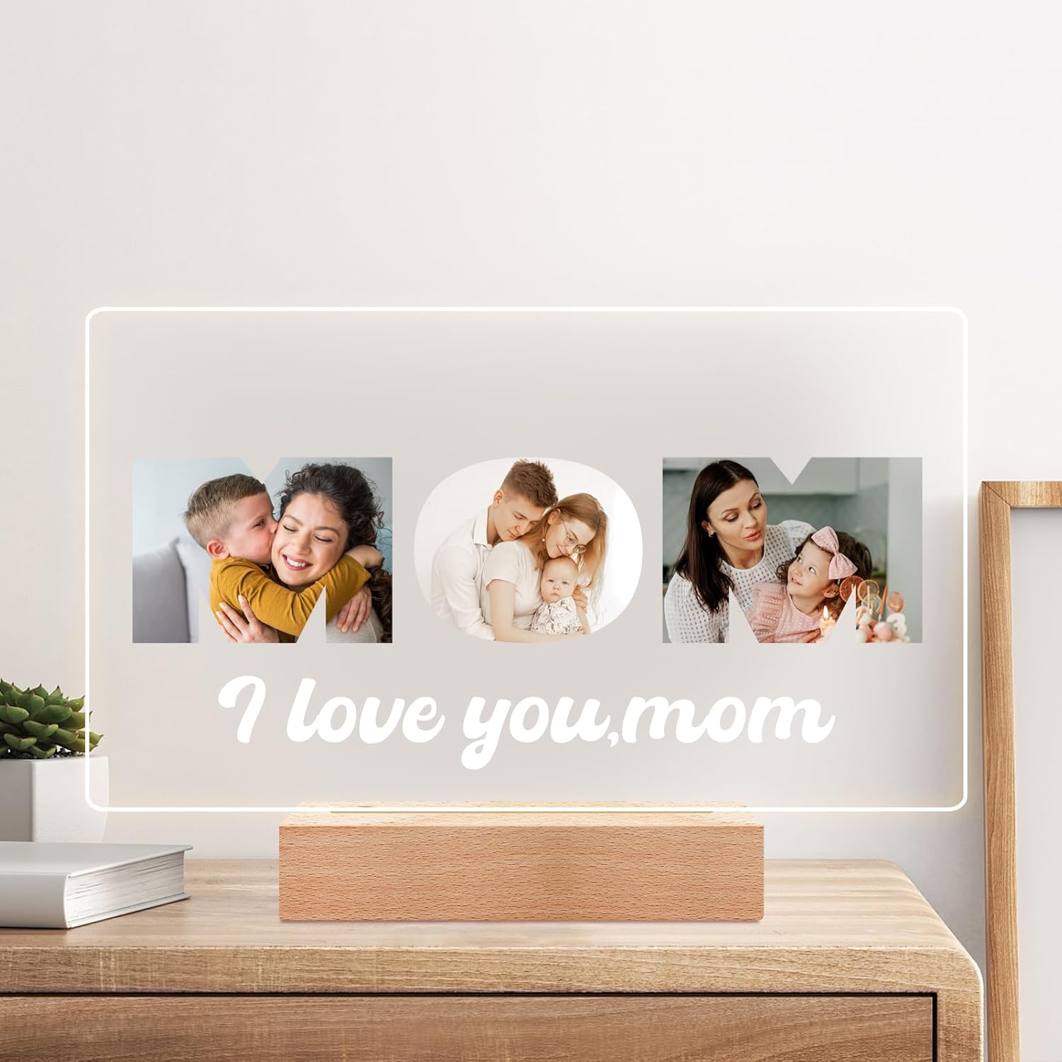 Custom Mom Picture Frame with Photo, Custom Photo Frame with Night Light, Customized Picture Frames, Personalized Valentines Day Gifts for Mom from Daughter & Son