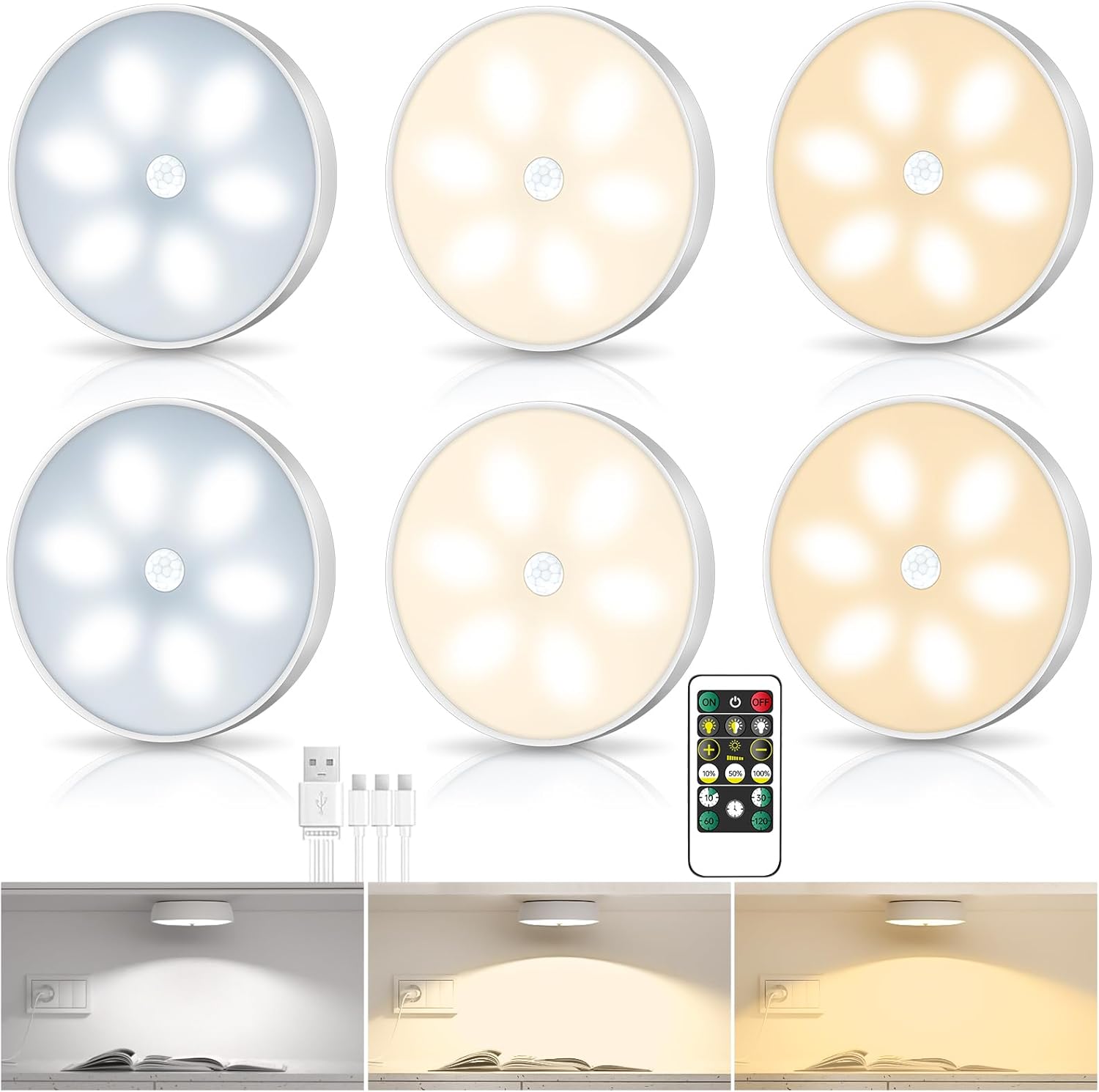 LED Closet Step Lights Motion Sensor Puck Light Compatible with Charging Station, 3 Colors Temperatures USB Rechargeable Indoor Under Cabinet Lighting(6 Pack, Without Charge Stand)