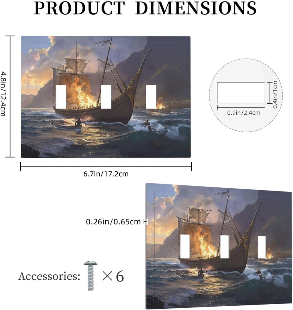 Decorative Light Switch Cover Plate Medieval Vintage Sailing Adventure Sailings Ocean Waves 3 Gang Wall Plate Triple Toggle Switch Plate Covers Electrical Outlet Cover for Bedroom Cabin