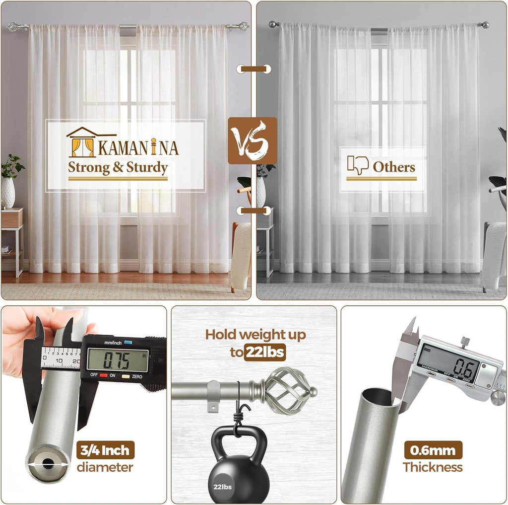 KAMANINA 2 Pack Curtain Rods 32 to 58 Inches (2.6-4.8ft), 3/4 Inch Curtain Rods for Windows Splicing Adjustable Single Drapery Rod with Twisted Cage Finial, for Indoor and Outdoor, Antique Silver