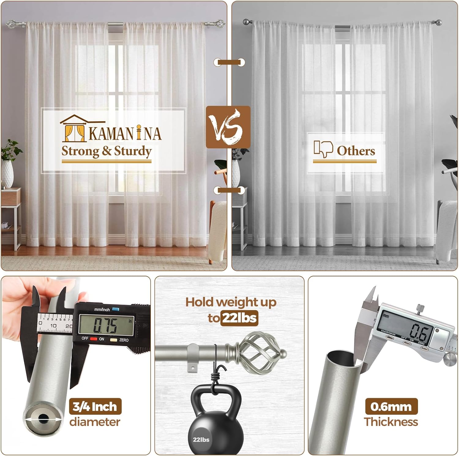KAMANINA 2 Pack Curtain Rods 32 to 86 Inches (2.6-7.1ft), 3/4 Inch Curtain Rods for Windows Splicing Adjustable Single Drapery Rod with Twisted Cage Finial, for Indoor and Outdoor, Antique Silver