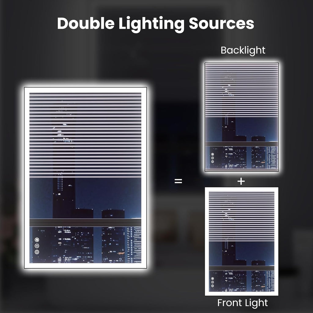 WTTY 28"X36" LED Bathroom Mirror with Black Frame, Bathroom Vanity Mirror with Lights for Wall, Front Light and Backlit, Anti-Fog, Dimmable, 3 Colors, Shatterproof, Memory, Horizontal/Vertical
