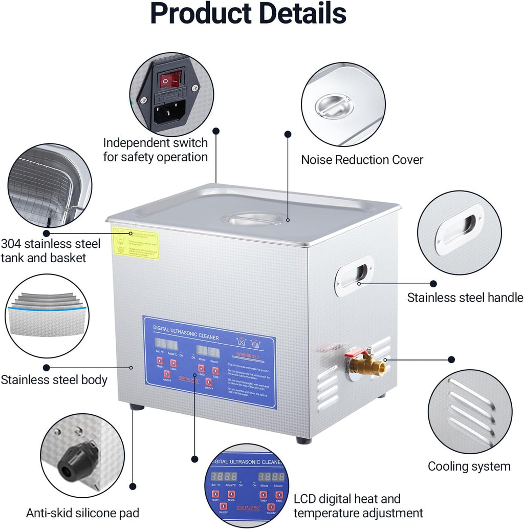 10L Professional Ultrasonic Cleaner Commercial | 40kHz with Digital Timer & Heater | for Jewelry, Watches, Eyeglasses & Small Parts Cleaning