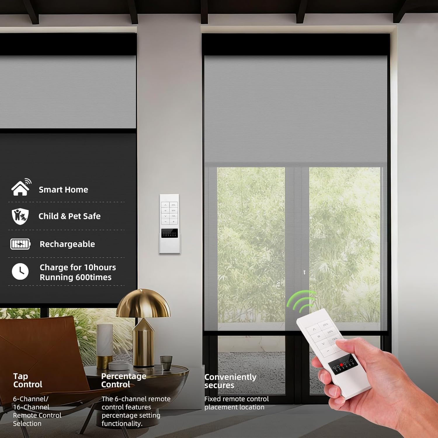 ZSTARR Motorized Day and Night Dual Smart Blind for Window with Valance Rechargeable Motor,Blackout Roller Shade Custom Size,with Valance Suitable for Home,Office (Full Blackout Pure Black)