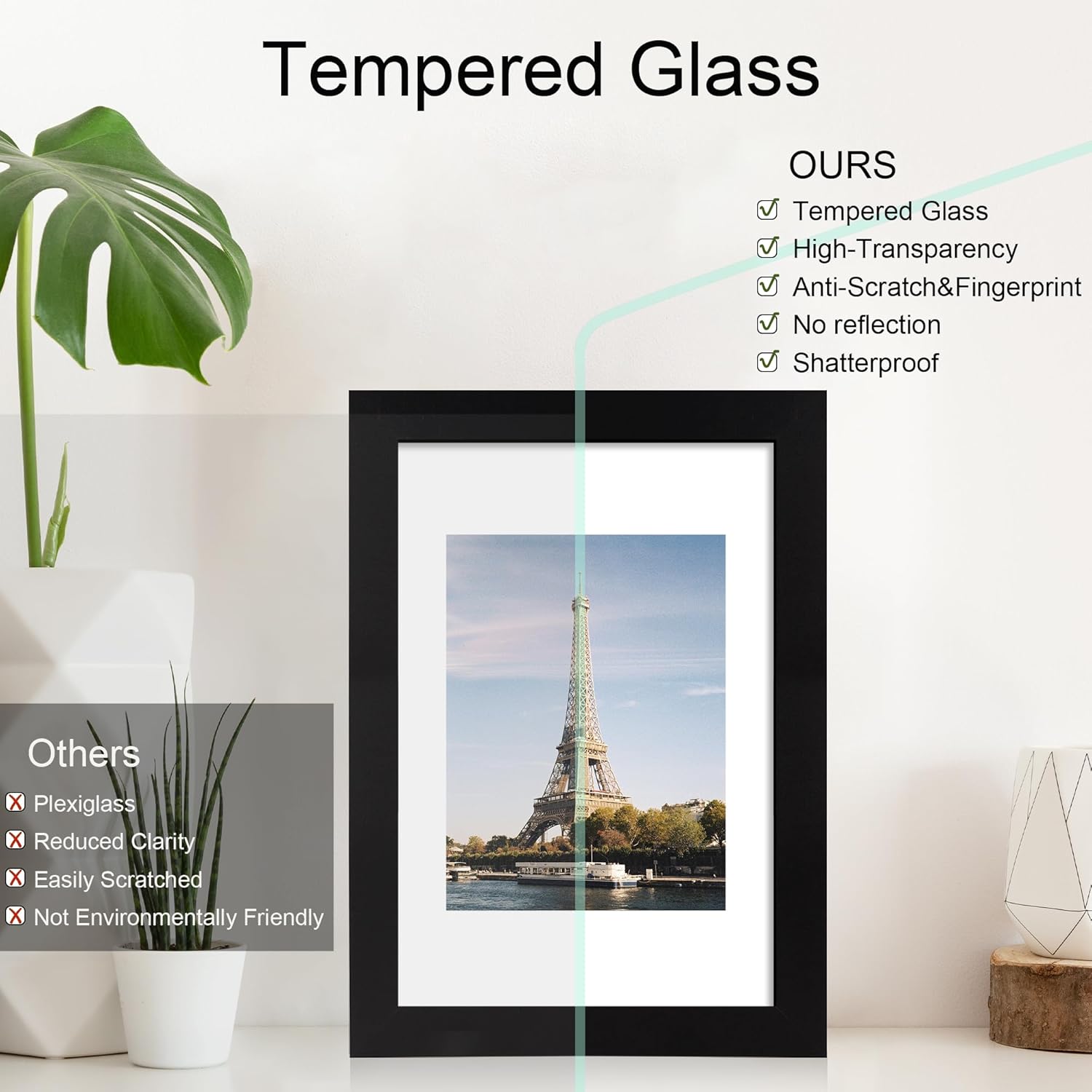 iRahmen 8x12 Picture Frame with HD Tempered Glass, Display Pictures 6x9 with Mat or 8 x 12 Without Mat, Wood Photo Frames for Tabletop and Wall Mount (Black, 1 Pack)