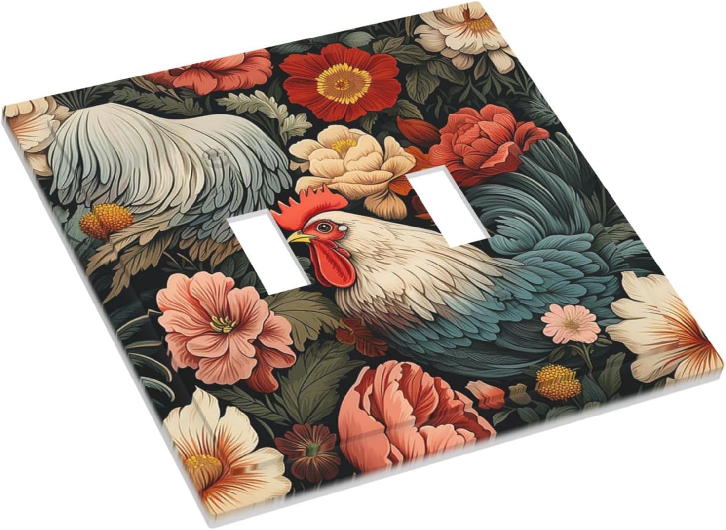 Decorative Switch Plates Rooster Flowers Red White Chicken Floral 2 Gang Double Toggle Outlet Light Switch Cover Wall Plate Electrical Faceplate for living Room Farmhouse Decor