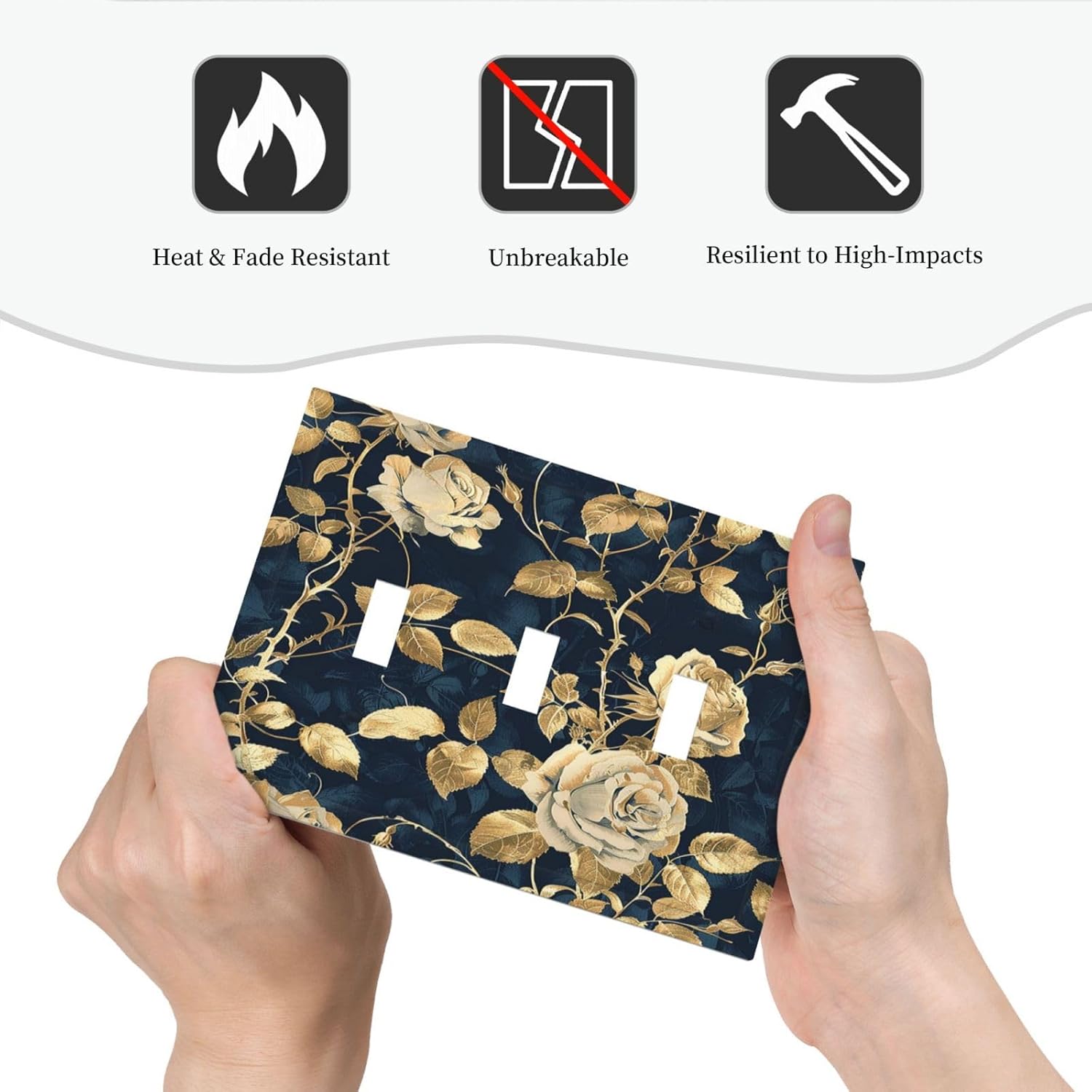Decorative Switch Plates Boho Vintage Floral Golden Flower Dark Blue Background 3 Gang Wall Plate Triple Toggle Light Switch Cover Faceplate Electrical Wall Panels for Bedroom living Room