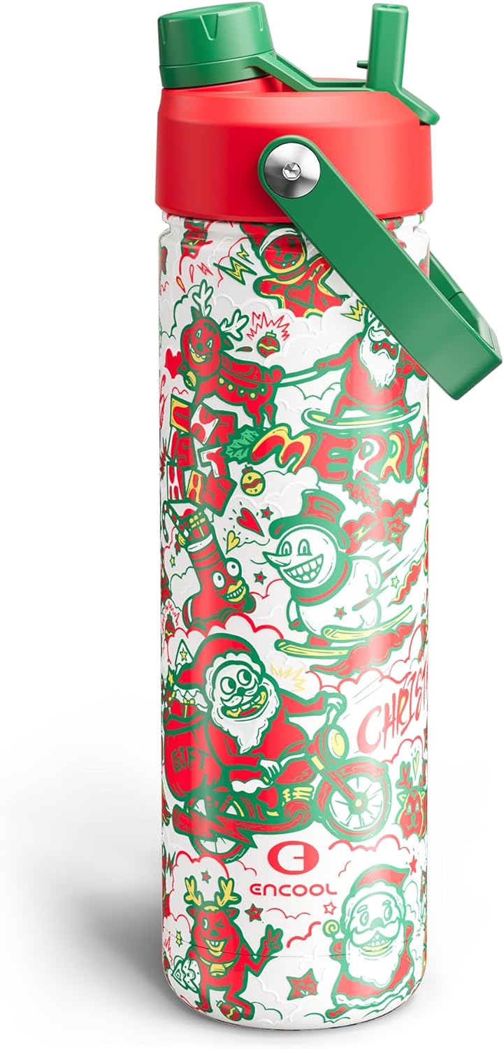 ENCOOL Christmas Insulated Water Bottle with Straw, Stainless Steel Water Bottle, Leak Proof BPA-Free, Keeps Cold for 24 Hours for Sports, Christmas Holiday Gifts for Women, 26 oz, Santa Rider