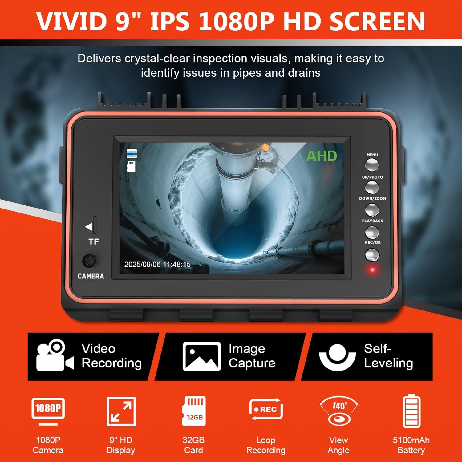 Sewer Camera, Self-Leveling Drain Camera 165 ft with Distance Counter, 9" 1080P HD Plumbing Cameras Snake with 12 LED Lights, IP68 & 32GB DVR, Industrial Endoscope for Duct Sewer Line Pipe Inspection