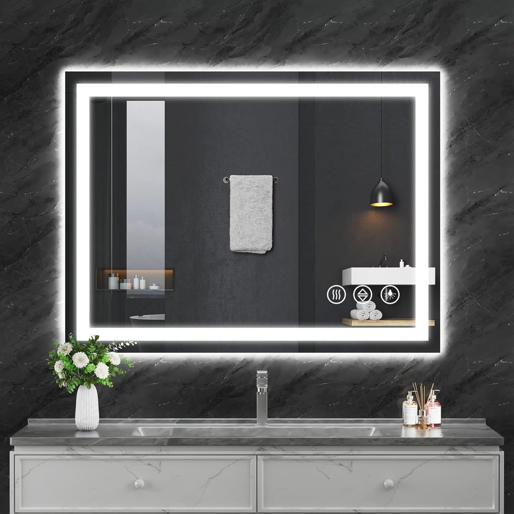 Koonmi 30x40 LED Bathroom Mirror, Backlit + Front Lit, LED Bathroom Mirror with Lights for Wall, 3 Colors, Anti-Fog, Dimmable Brightness, Memory Function, Tempered Glass