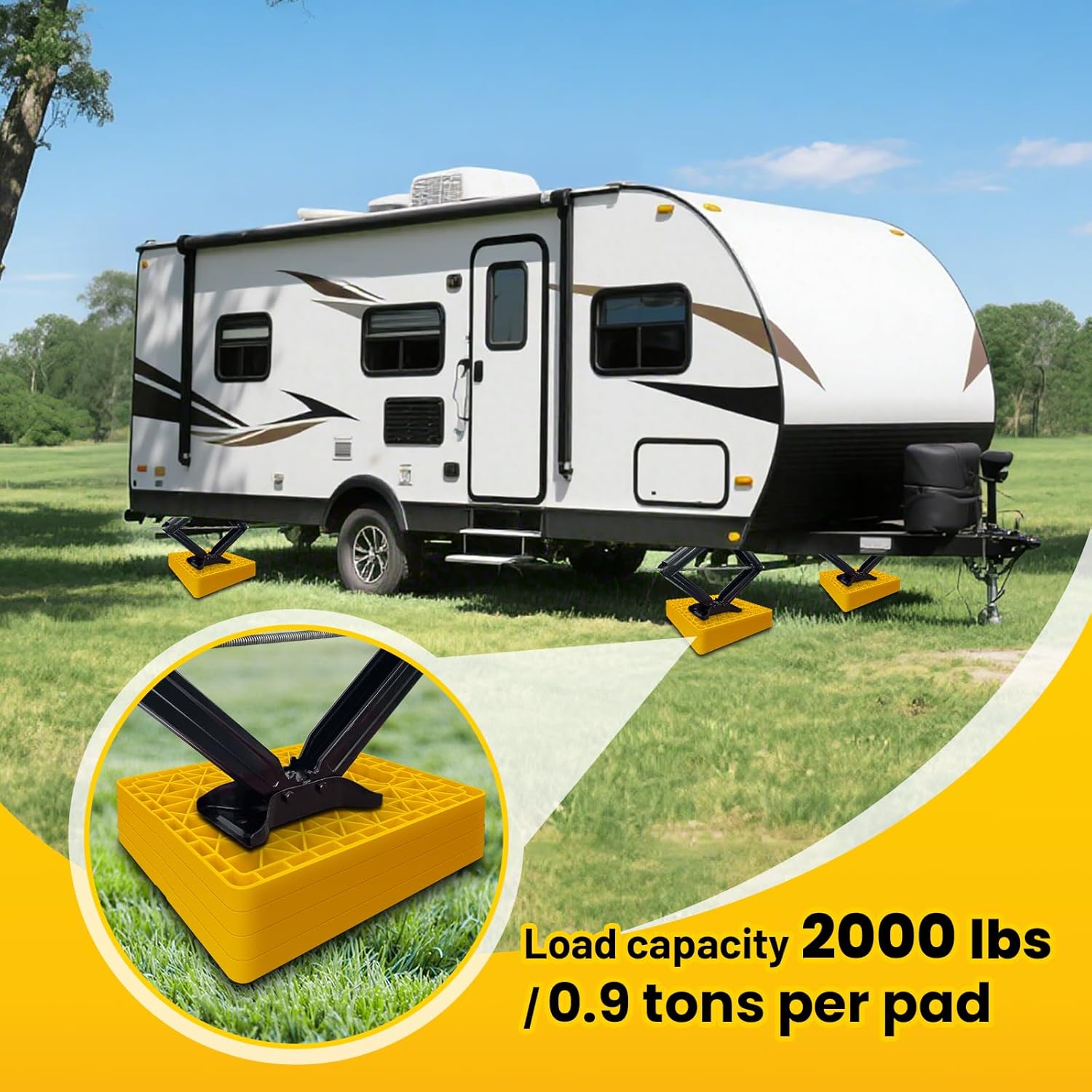 ROBLOCK Large RV Jack Stabilizer Pads,Sinking Resistant Stackable Camper Stabilizer Pads with Easy-Grip Handle and Handy Strap, Easy Storage & Organization, Yellow 4 Pack 14" x 12"
