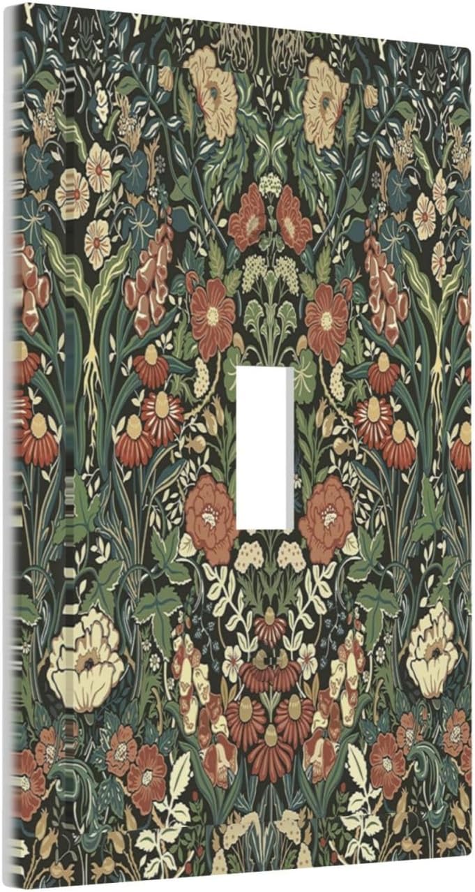 Decorative Light Switch Cover Vintage Dark Floral William Morris Green Flower 1 Gang Single Toggle Device Electrical Faceplate Switchplates Decorator Outlet Wall Plate for living Room Home