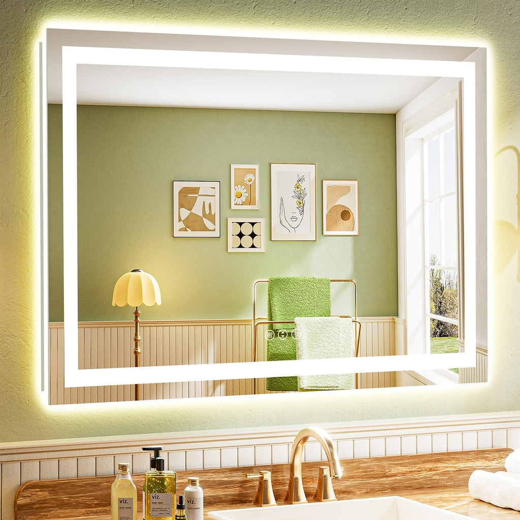 50x36 Inch LED Bathroom Mirror with Lights Front and Backlit Lighted Vanity Mirror for Bathroom Wall with 3 Colors Dimmable Anti-Fog Memory Shatter-Proof IP54 Waterproof Horizontal/Vertical