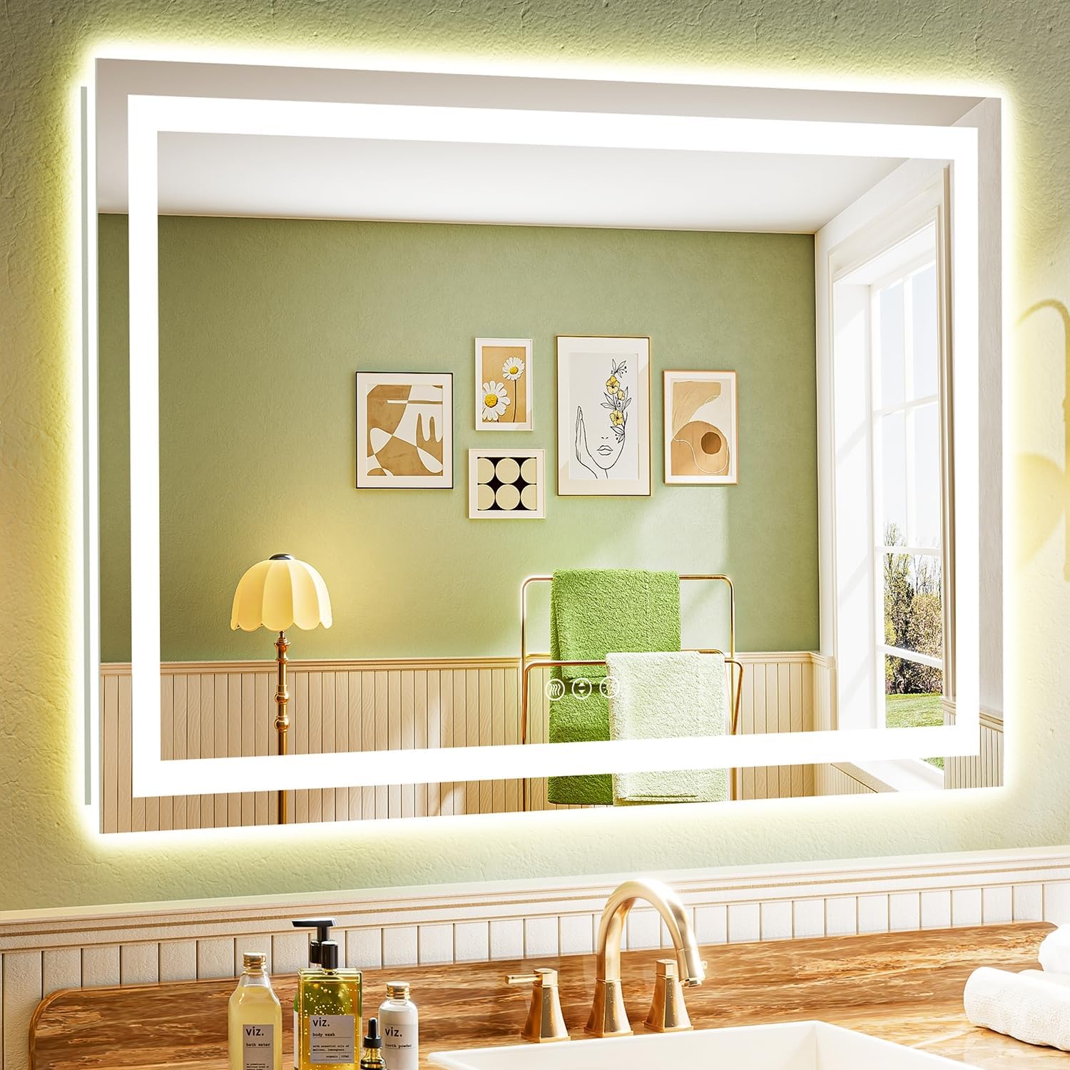 50x36 Inch LED Bathroom Mirror with Lights Front and Backlit Lighted Vanity Mirror for Bathroom Wall with 3 Colors Dimmable Anti-Fog Memory Shatter-Proof IP54 Waterproof Horizontal/Vertical