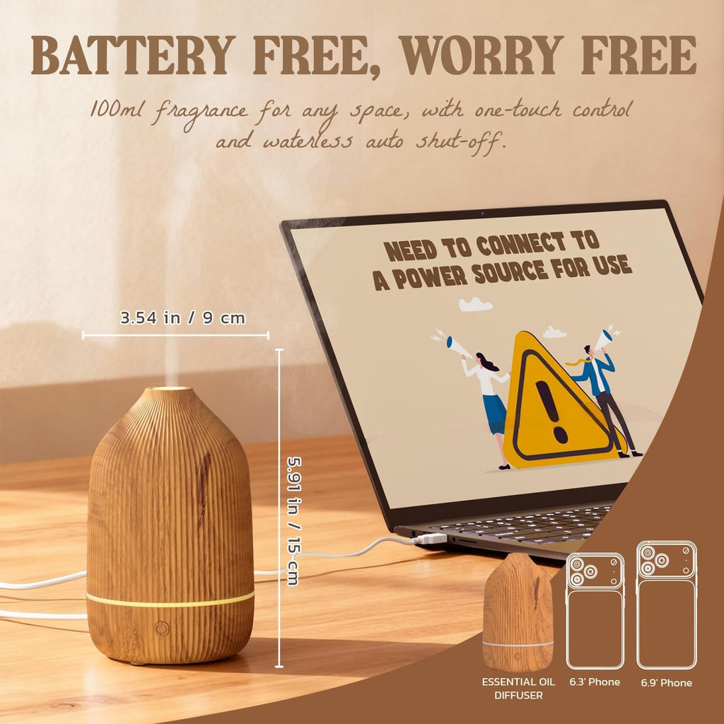 Essential Oil Diffuser, 100ml Aromatherapy Diffuser, Mini Ultrasonic Diffuser for Essential Oil, Home, Office, Cool Mist Humidifier with 7 Led Light, Auto Shut-Off, Wood Grain