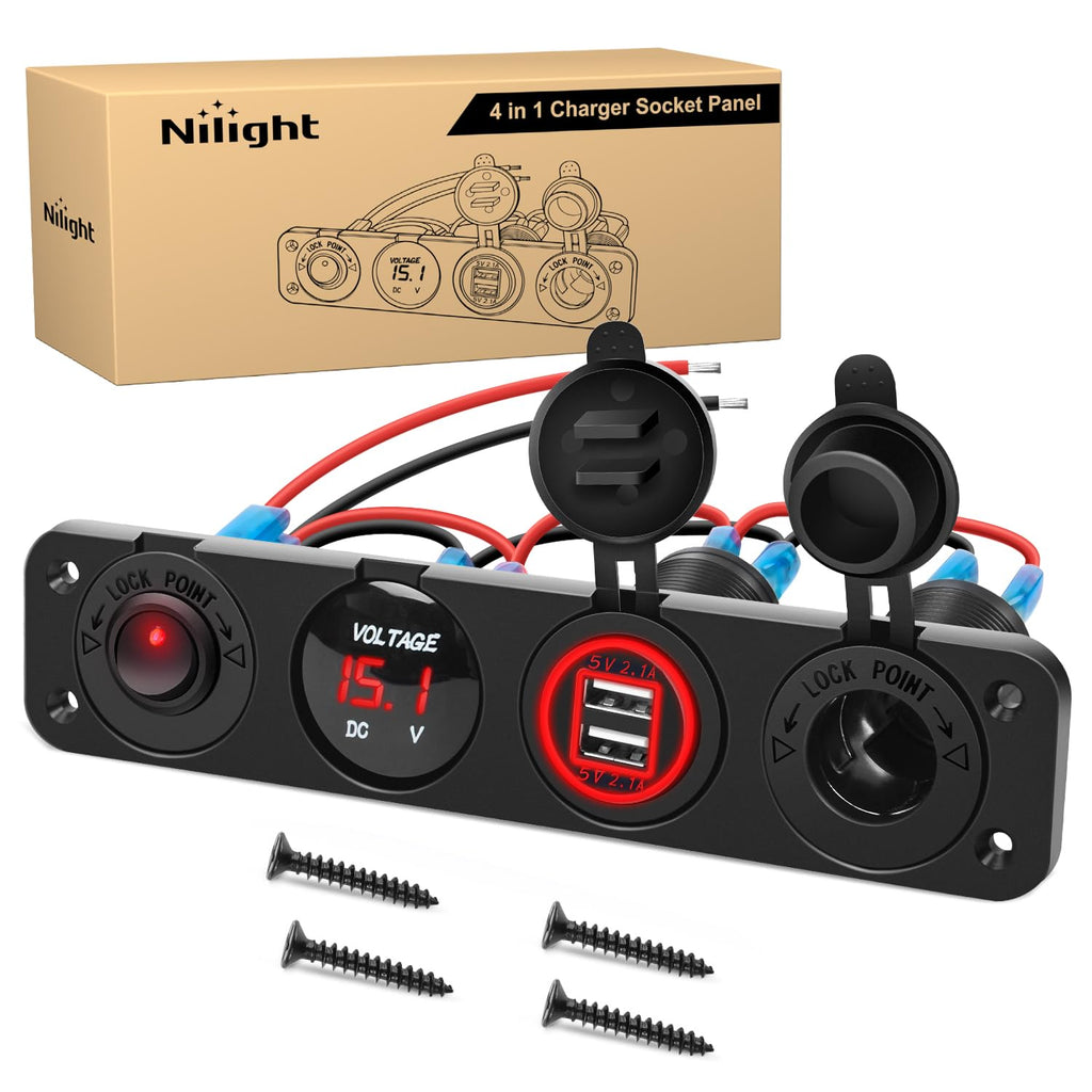 Nilight 4 in 1 ON/Off Charger Socket Panel Dual USB Power Outlet LED Voltmeter Cigarette Lighter Socket Lighted ON Off Rocker Toggle Switch for Truck Car Marine Boats RV,2 Years Warranty