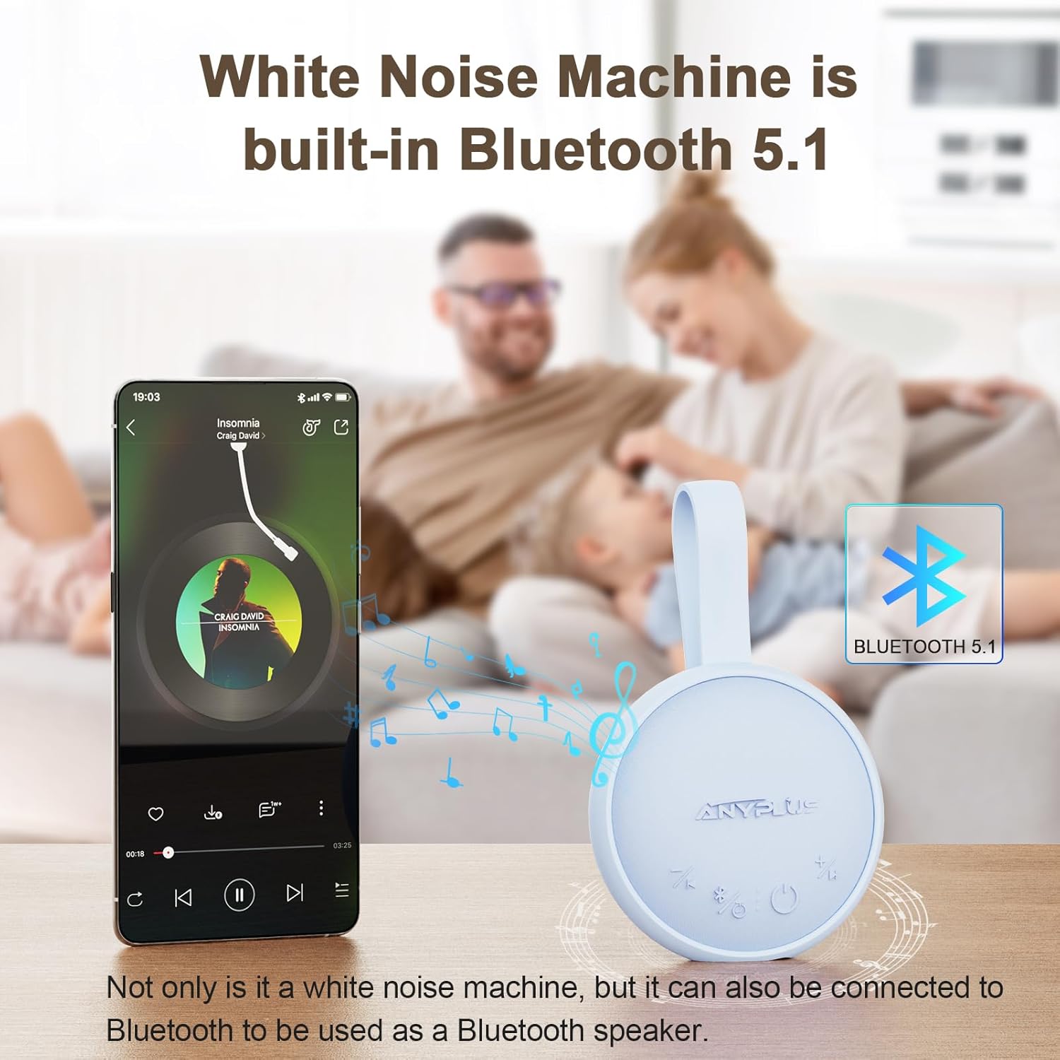 White Noise Sound Machine, Portable Sound Machine for Sleeping Adults & Baby, with Bluetooth 5.1/24 Soothing Sounds/Battery Powered/3 Timer Memory Function for Office/Bedroom/Travel（Blue）