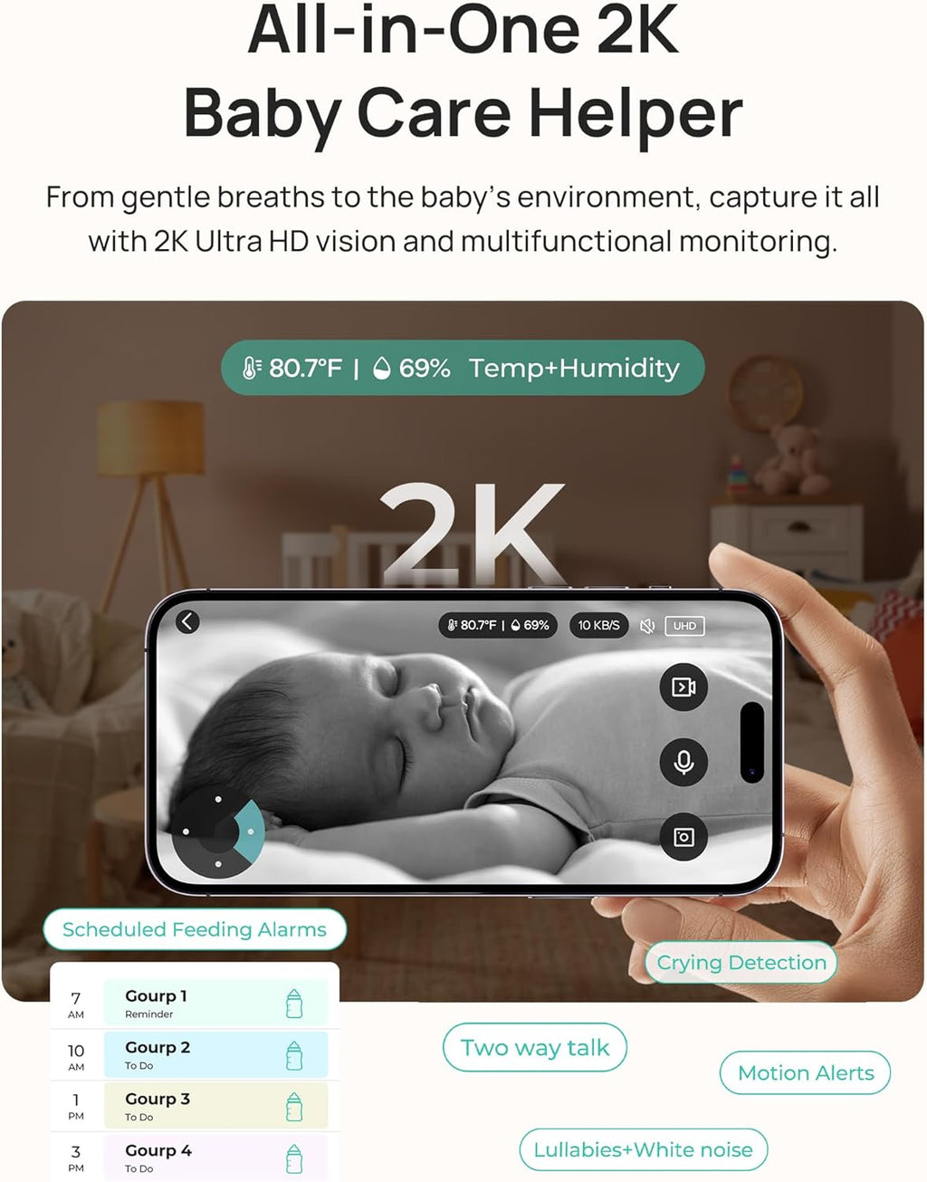 Dr.Care LumiView Plus Smart WiFi Baby Monitor with 2 Cameras - 5.5" 1080P Split Screen & 2K Camera, Privacy Mode, Cry & Motion Alerts, 5000mAh Removable Battery, RGB Night Light, HD Night Vision