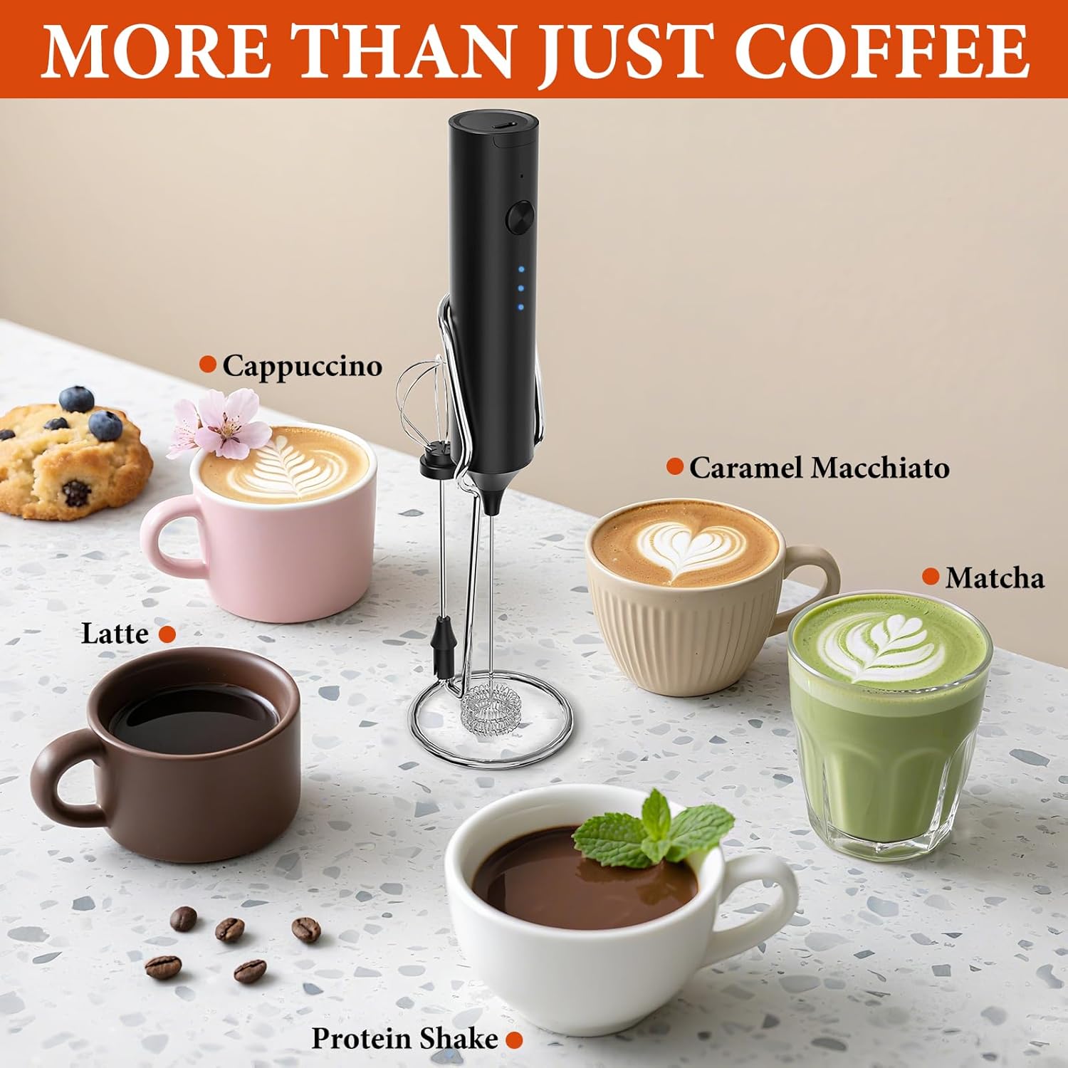 Milk Frother, Rechargeable & Handheld Frother Wand with stand, 3 Speed Adjustable Drink Mixer With 2 Stainless Whisks for Coffee, Matcha, Cappuccino, Egg, Electric Whisk Foam Maker (Black)