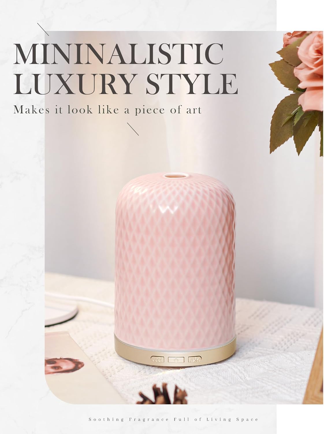 Essential Oil Diffuser for Home, 120ML Diffusers for Essential Oils Large Room, Ceramic Diffuser with USB Cable, Warm Ambient Light, Aromatherapy Diffuser Home Decor, Gift Choice, Pink