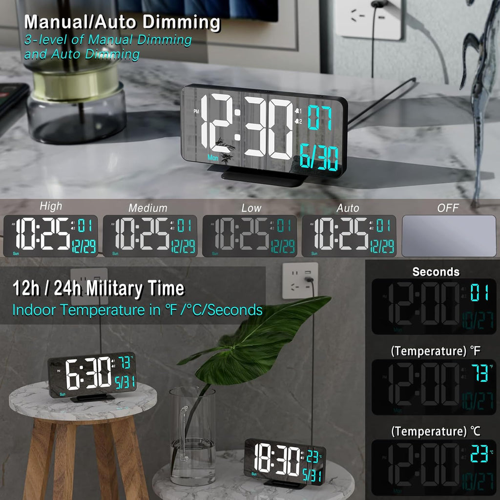 KOSUMOSU Digital Alarm Clock 6.7in Black Clock for Bedroom, Dual Alarm, Date, Seconds,Day of Week,12/24h,Dimming, Temp, Desk Clock, LED Clock for Living Room, Calendar Digital Clock