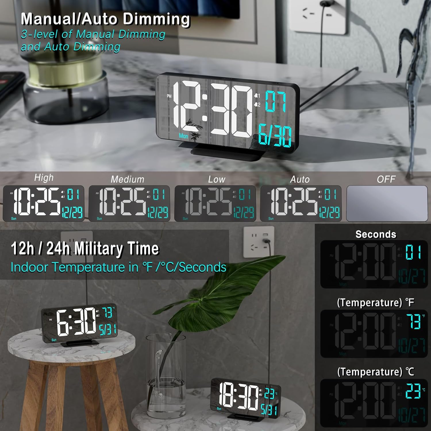 KOSUMOSU Digital Alarm Clock 6.7in Black Clock for Bedroom, Dual Alarm, Date, Seconds,Day of Week,12/24h,Dimming, Temp, Desk Clock, LED Clock for Living Room, Calendar Digital Clock