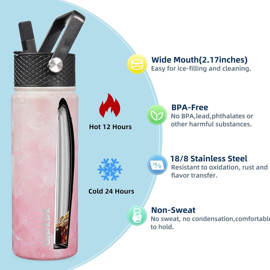 BJPKPK 2 Pack Insulated Water Bottles with Straw Lids, 22oz Stainless Steel Metal Water Bottle with 6 Lids, Leak Proof BPA Free Jugs, Cups, Flasks for Travel, Sports (Blossom+Ocean)