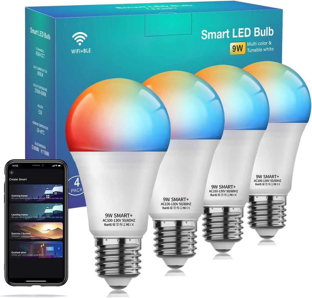 Smart Light Bulbs 4Pack, WiFi & Bluetooth 5.0, App Control, Color Changing LED Bulb, A19 E26 800LM Dimmable RGB Lights, 2700~6500K, Smart Home Lighting Works with Alexa Google Assistant