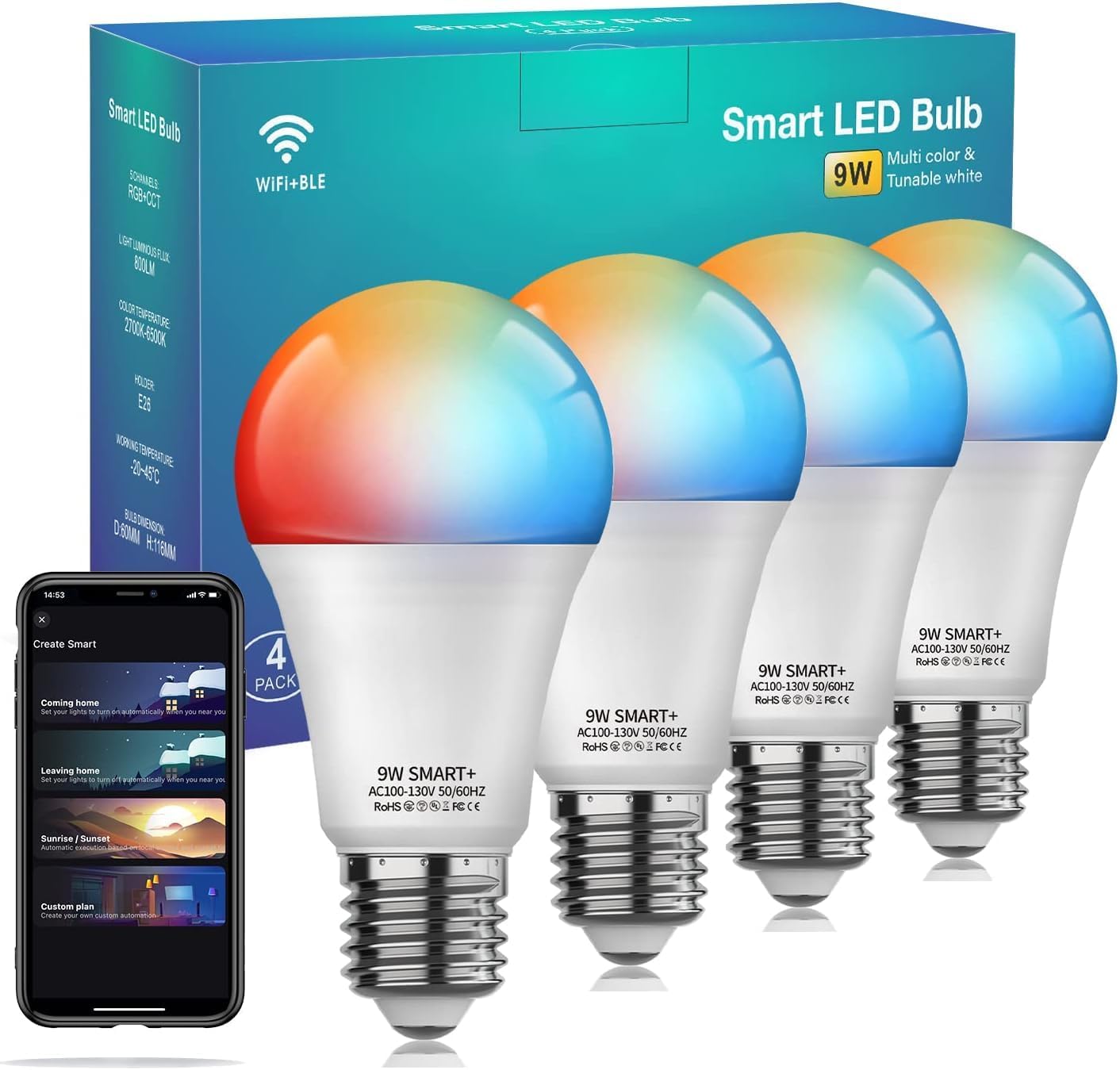 Smart Light Bulbs 4Pack, WiFi & Bluetooth 5.0, App Control, Color Changing LED Bulb, A19 E26 800LM Dimmable RGB Lights, 2700~6500K, Smart Home Lighting Works with Alexa Google Assistant